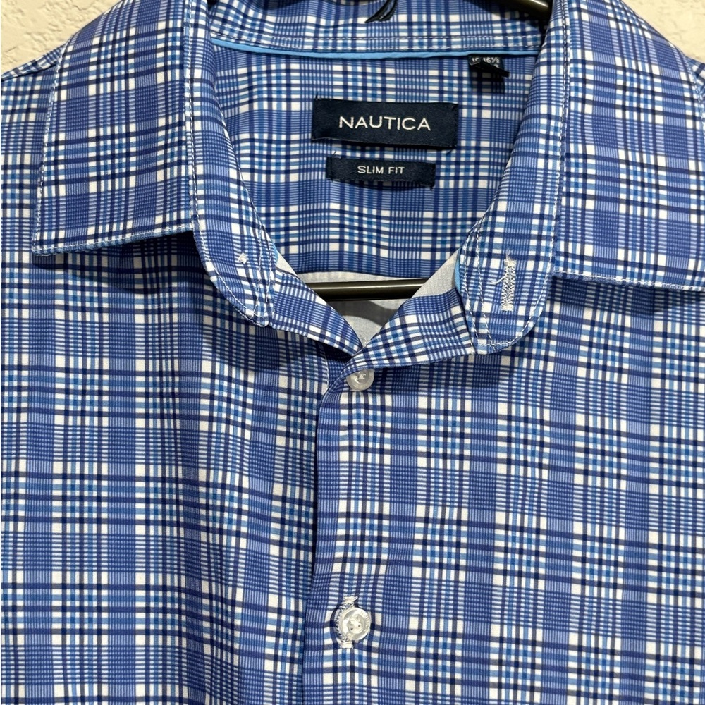 Nautica Men's Blue and White Checkered Shirt